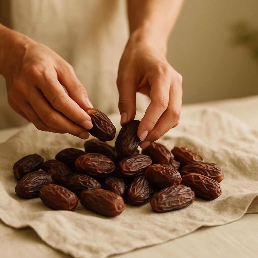 Hands carefully sorting premium organic dates in a sunlit studio